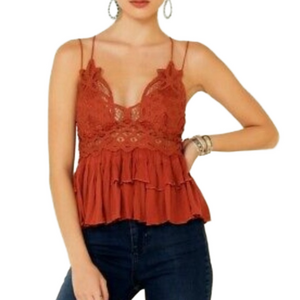 NWT Free People Small Adella Crochet Lace Ruffled Burnt Orange Spaghetti Strap